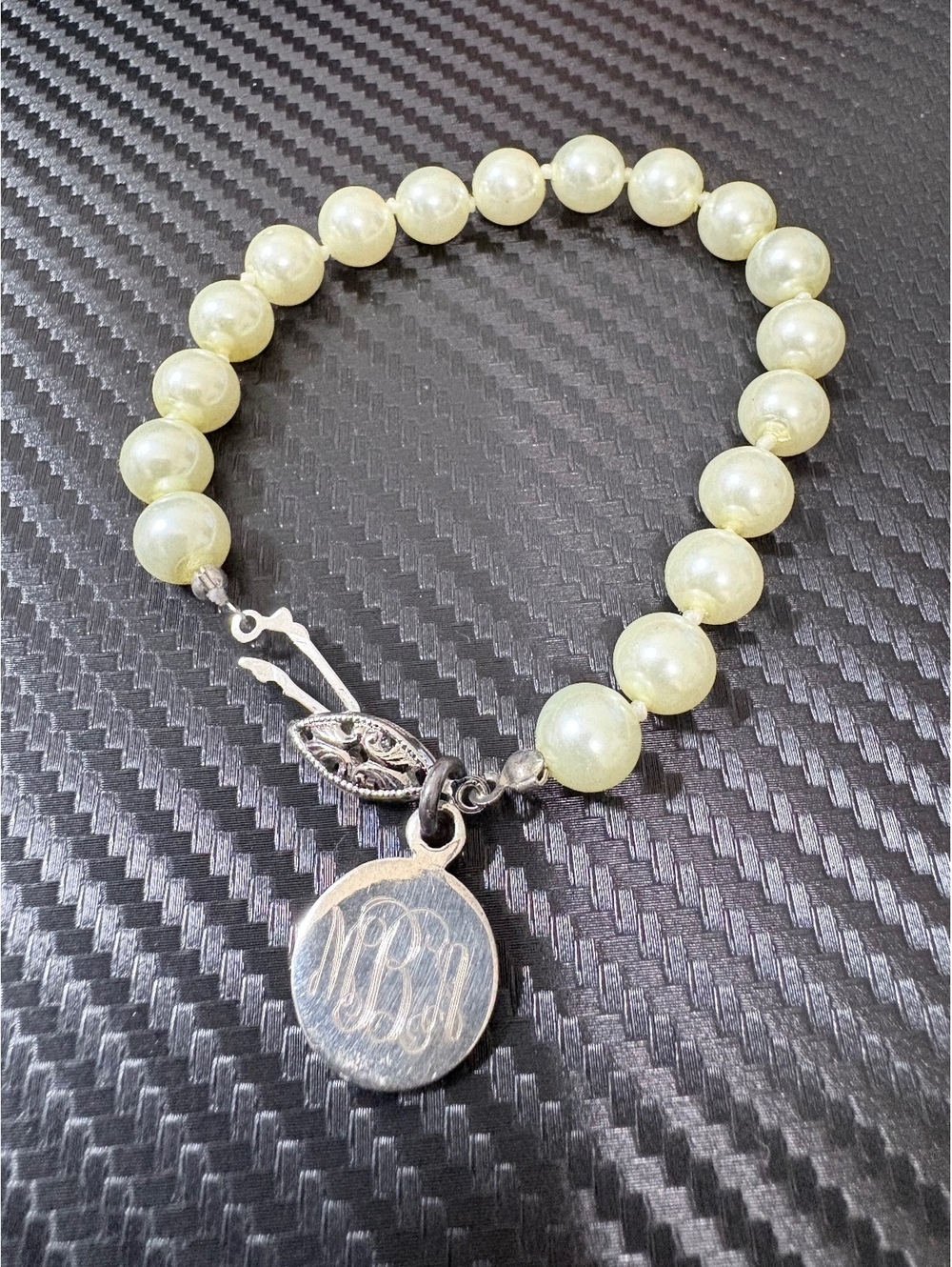 Vintage Faux Pearl Beaded Bracelet Monogram Charm Silver Tone Hook Clasp